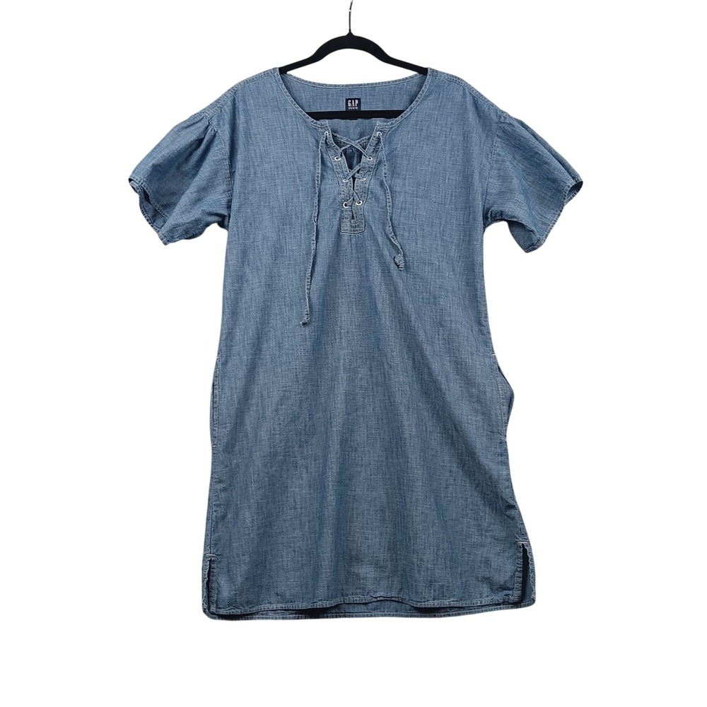 GAP Denim Chambray Lace Up Casual Shift Dress Blue Midi Pockets Women Size M